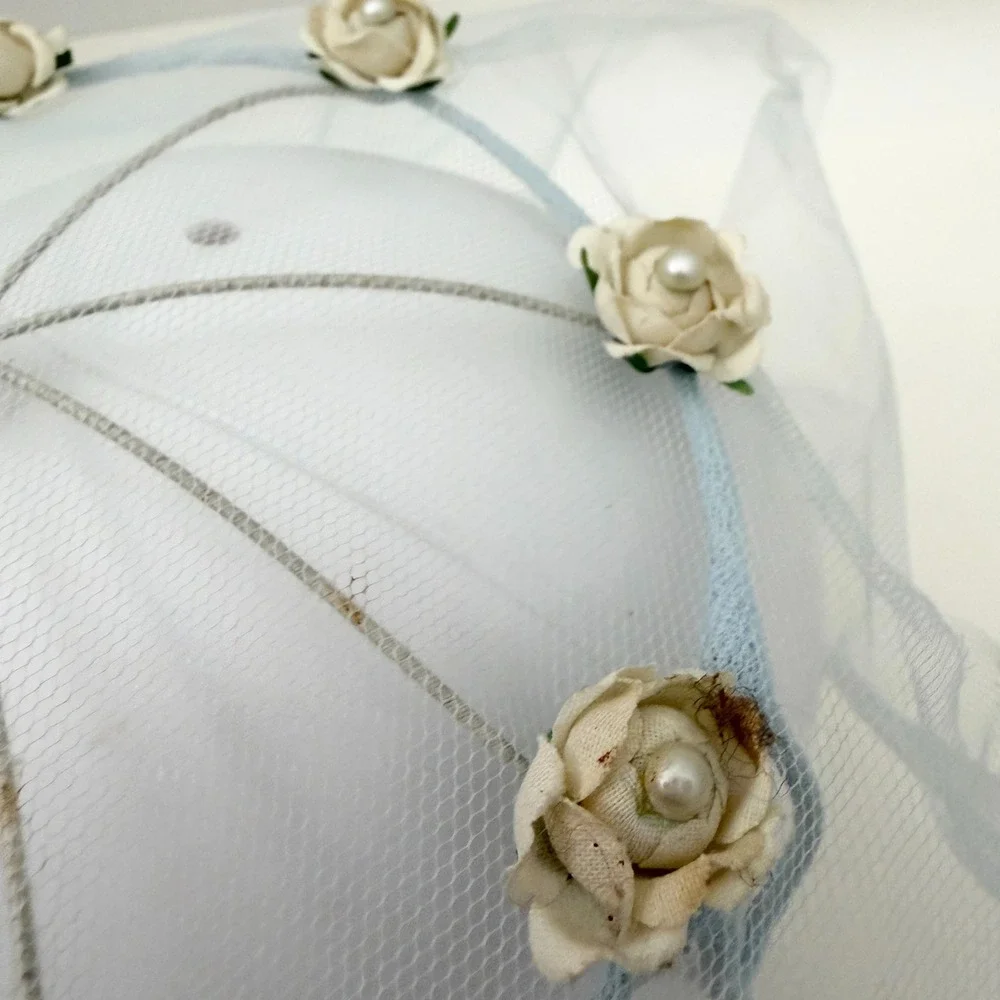 Vintage Birdcage Veil Floral Faux Pearl Wedding Headpiece Blue
